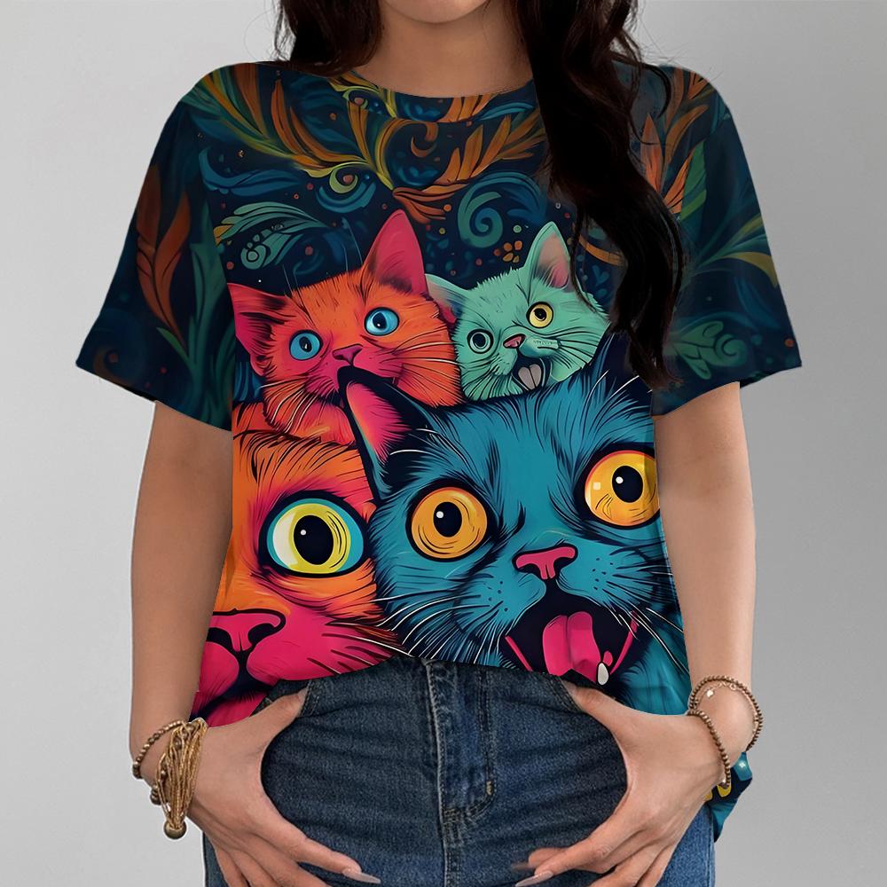 Summer Personalized Cute Cat Pattern Daily Casual Versatile Women's Short Sleeved T-shirt Classic Pullover Unisex Y2k Streetwear