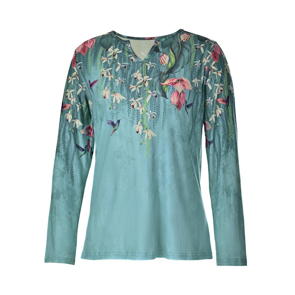 GMXIA Autumn Loose Long Sleeve Flower Bold V-neck T-shirt Base for Women