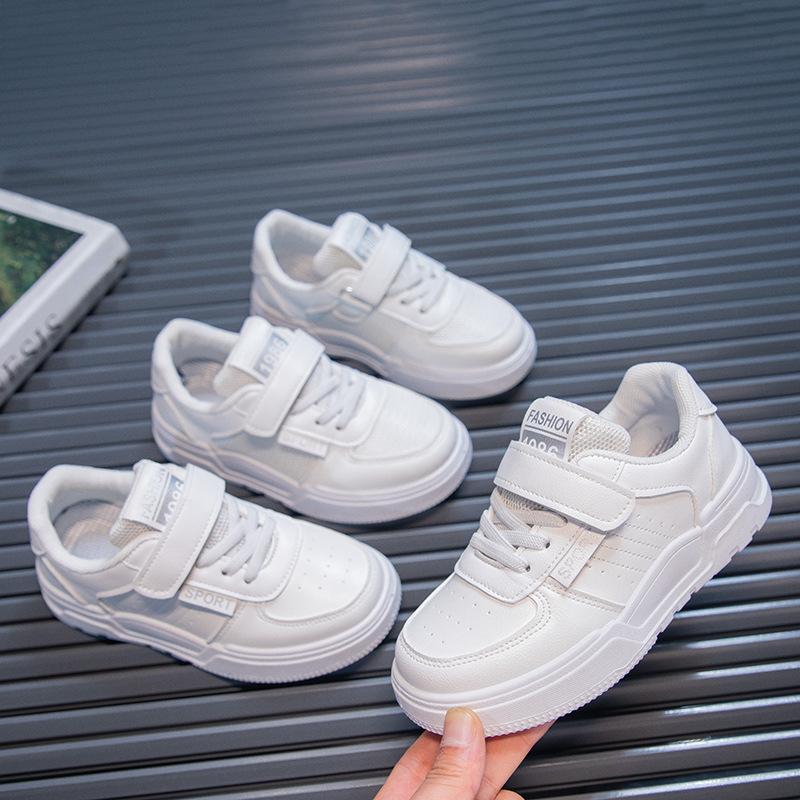 Children's White Soft Bottom Sports Board Shoes Student Casual Boys and Girls Leather Panel Shoes