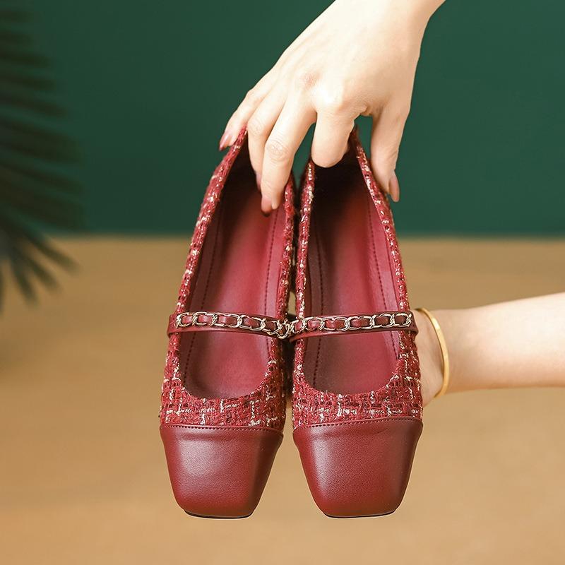 Women Mary Jane Shoes Elegant Tweed Chain Straps Flats French Square Toe Pumps Daily Soft Sole Slip-on Thin Shoes Casual Loafers