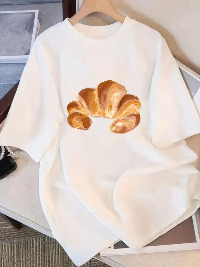 White Tees For Bread Lovers Smiling Toast Realistic Chocolate Croissant Prints Casual Graphic Shirts For Food Lovers