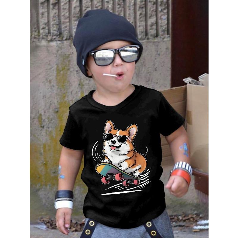 

European Size Boys Round-neck Short-sleeved T-shirt with Cartoon Corgi Skateboard Pattern Print 98cm чёрный