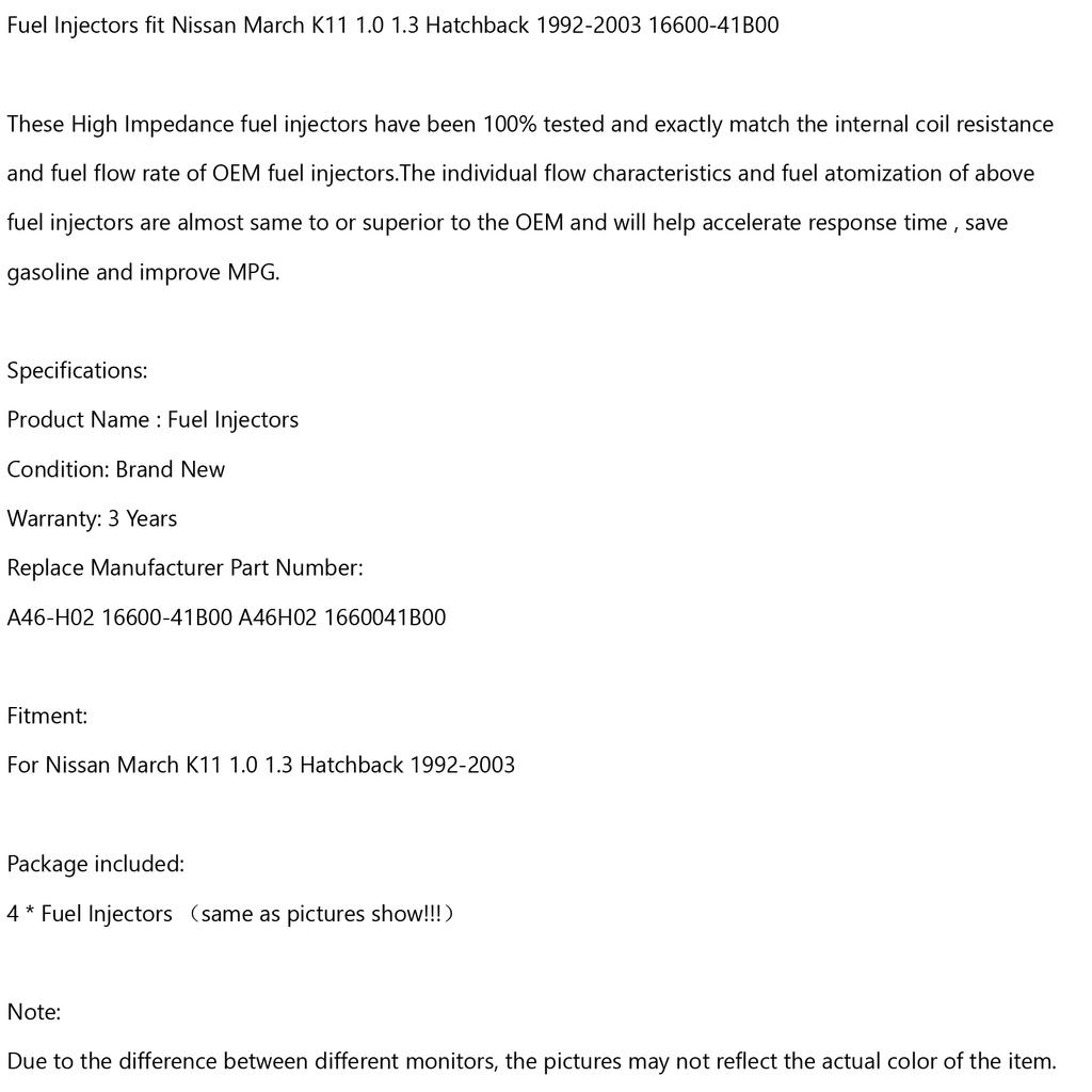 4PCS Fuel Injectors Fit for Nissan March K11 1.0 1.3 Hatchback 92-03 16600-41B00