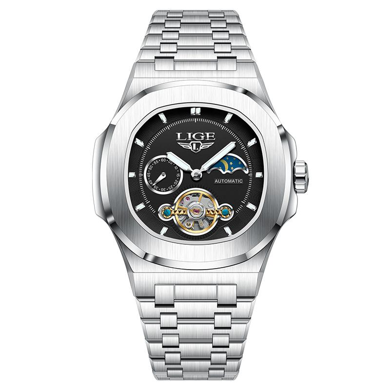LIGE Dual Seconds Tourbillon Watch 24 Hour Mechanical Watch Men Stainless Steel Authentic Watch Night Glow Waterproof Mens Watch