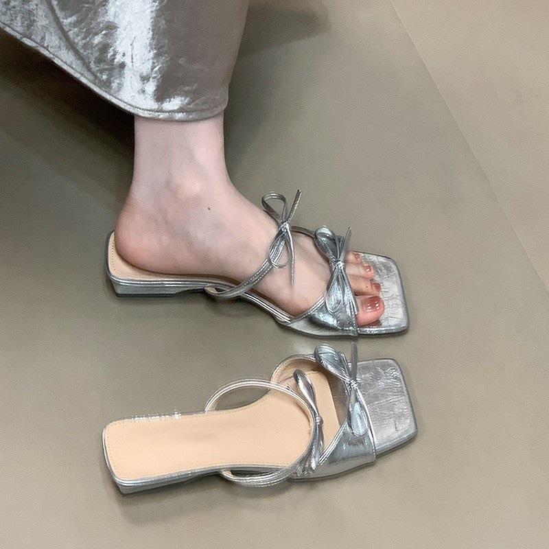 Temperament Square Head Thick Heel Sandals 2025 Summer Double Bow Fairy Style with Skirt Slippers
