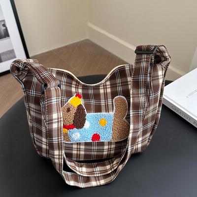 Velkokapacitní všestranná kostkovaná taška tote pro ženy na podzim Nová roztomilá taška přes rameno pro studenty vysokých škol s jezevčíkem