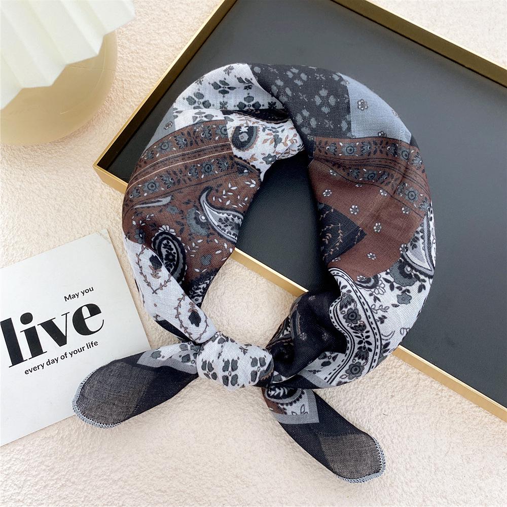 58 Cashew Silk Small Square Scarf: Korean Style Cotton Linen Printed Headscarf and Hairband for Women, Ideal for Spring, Summer, and Autumn.