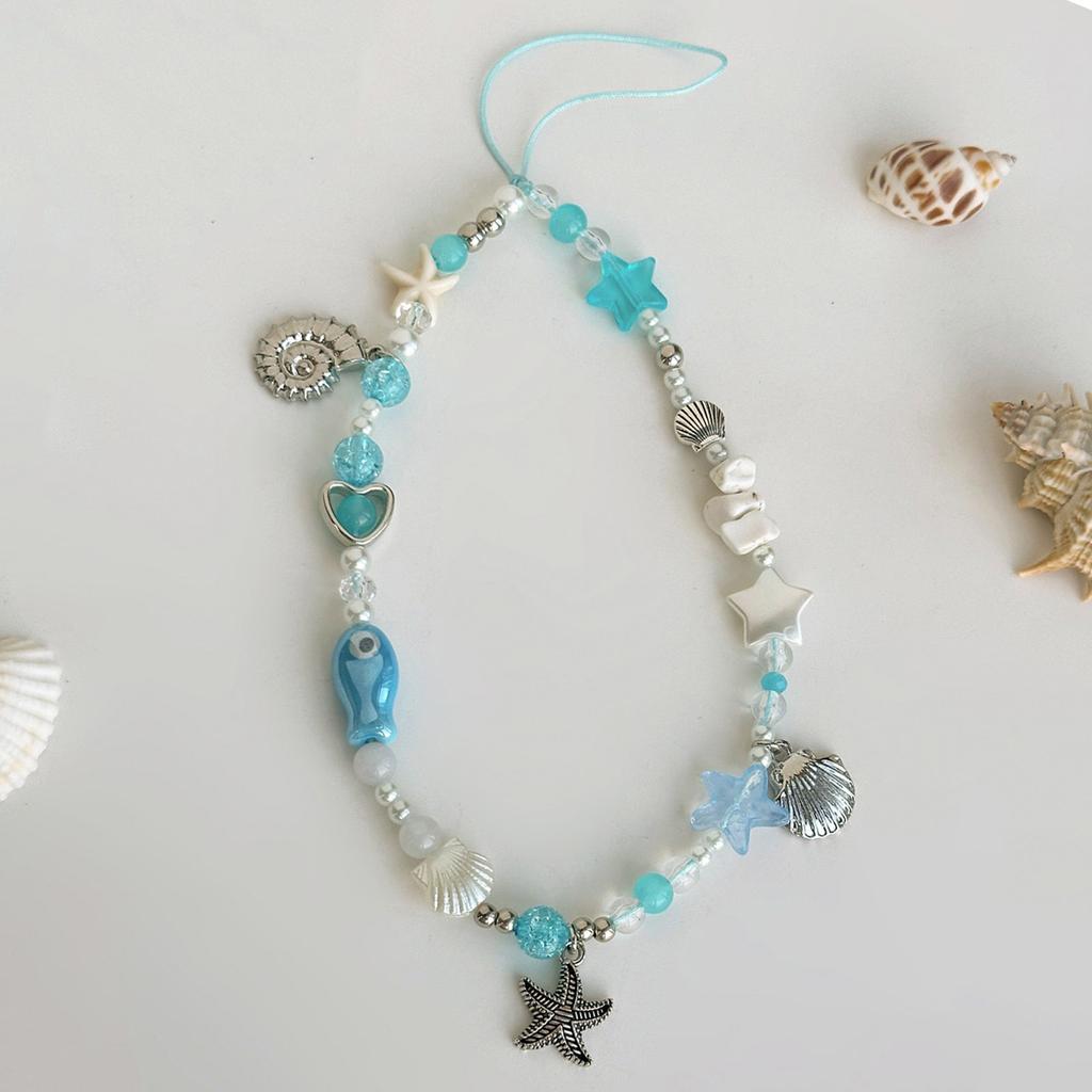 Stilvoller Sommer Ozean Thema Handy-Anhänger Schlüsselanhänger Muscheln Seestern Schneckenhaus Schlüsselring Handgefertigt Perlenbesetztes Handy-Lanyard
