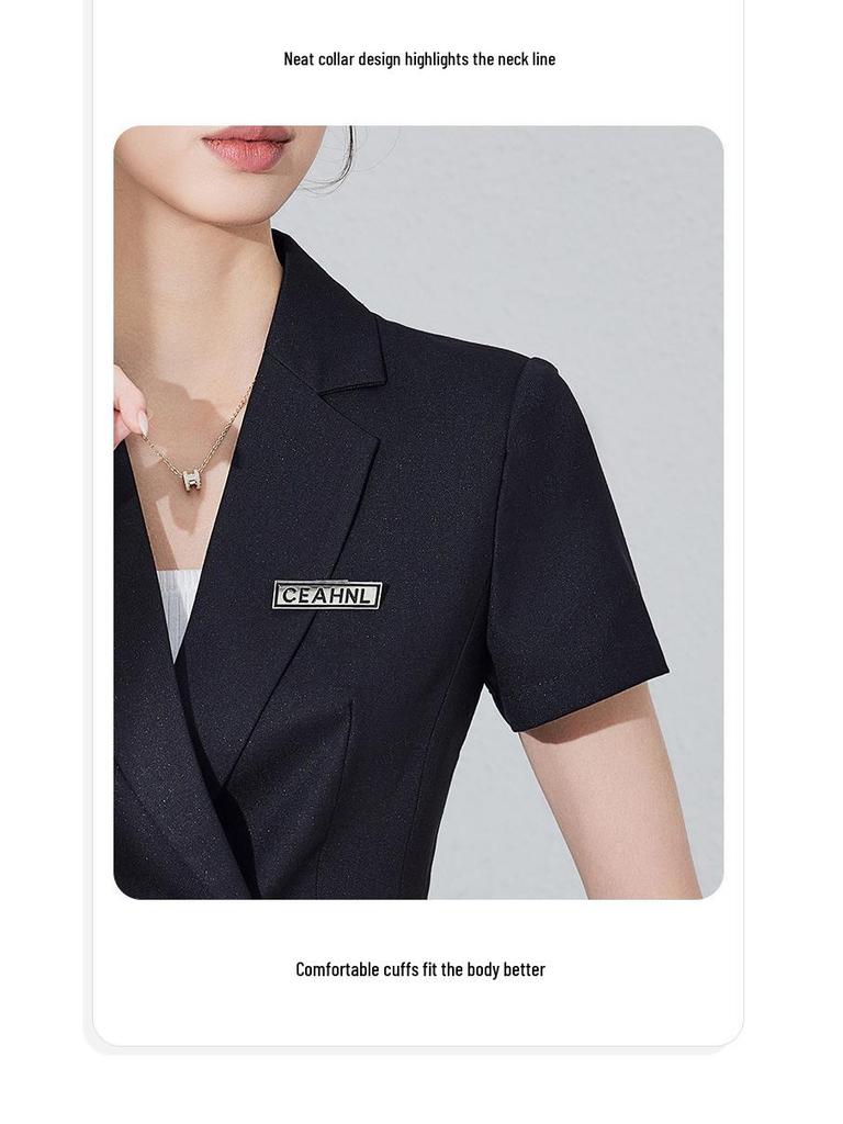 Women's Black Short-Sleeve Professional Suit Set for Summer Reception and Workwear
