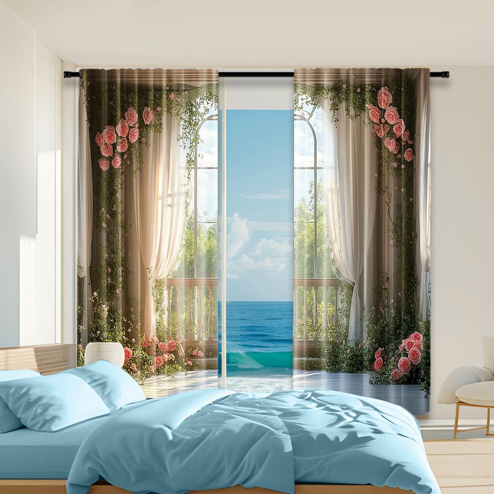 

2 pcs versatile polyester transparent curtains for home decoration Spring Rose Castle for use in bedrooms and living rooms 100*130 HOOK 1pcs