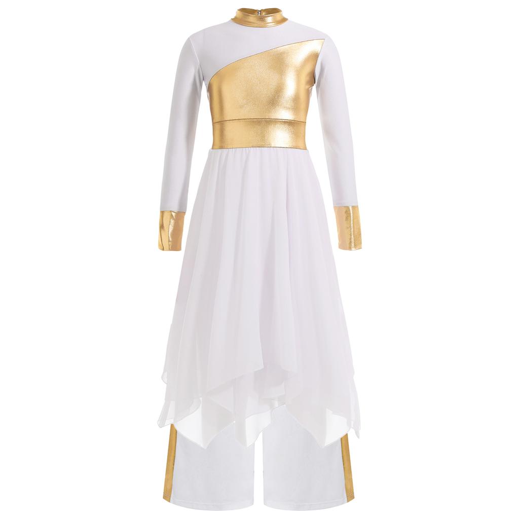 Mädchen Liturgisches Tanzoutfit Langarm Colorblock Metallic Lyrisches Kleid Weitbeiniges Hosen-Set