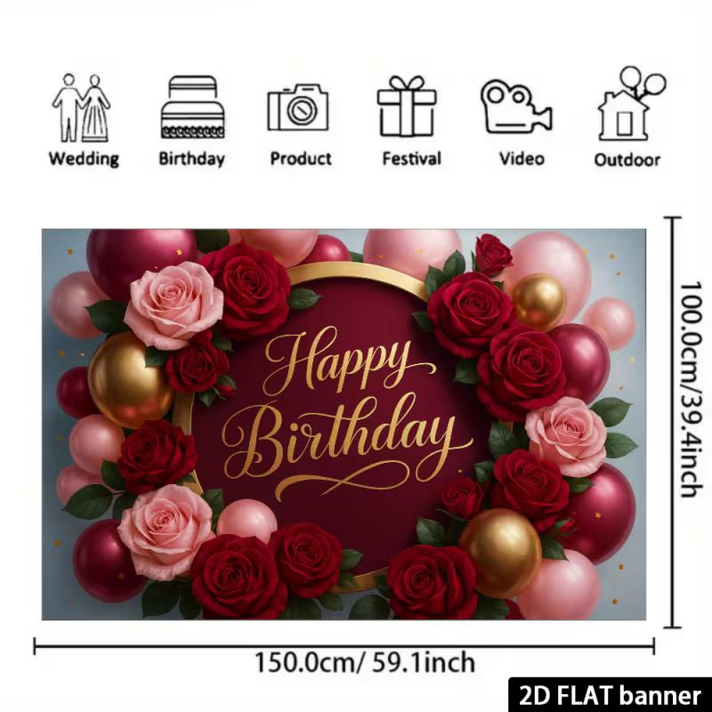 2D Rote Rosa Rose Alles Gute zum Geburtstag Hintergrundbanner Goldener Ballon Party Hintergrund Dekoration