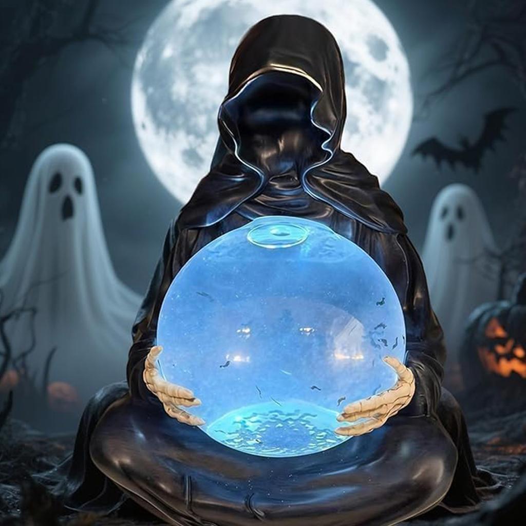 Resins Death God Sculpture Crystal Ball Halloween Decors LED Light Up With Flying Bats For Home Party Collectible Gift