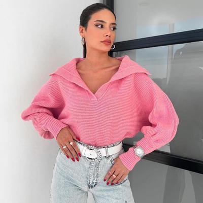 Autumn Winter Vintage Loose Long Sleeve Top Solid Color Pullover Knitwear V-Neck Sweater