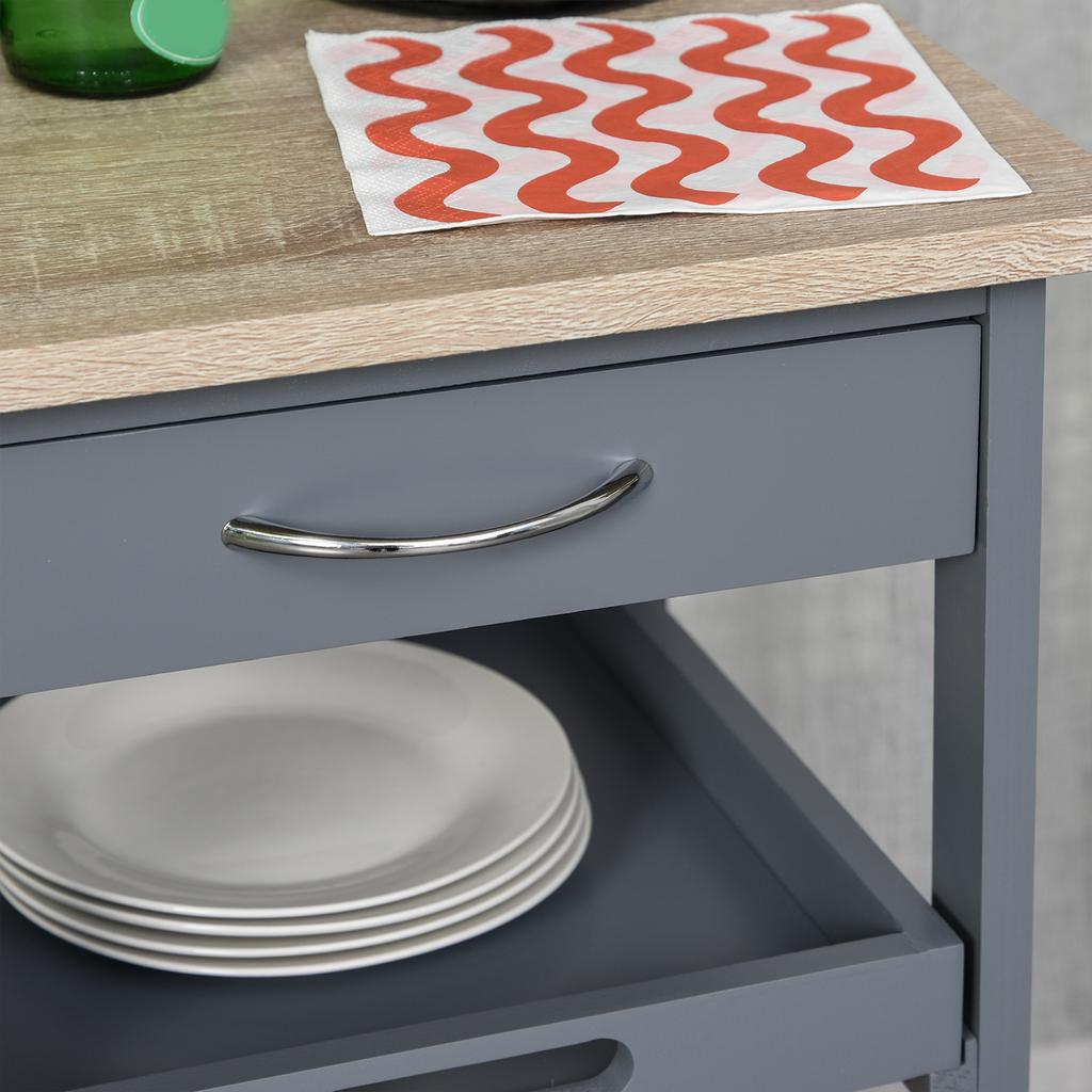 Serving Trolley Kitchen Cart On Castors 2 Removable Trays, Drawer, Shelf Light Oak Pine Wood Grey