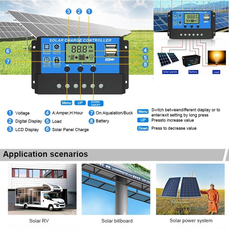 Solar Controller 10A 20A 30A PWM Battery Charger LCD Display Dual USB 5V Output 12V/24V 50A 60A Solar Regulator LCD Display
