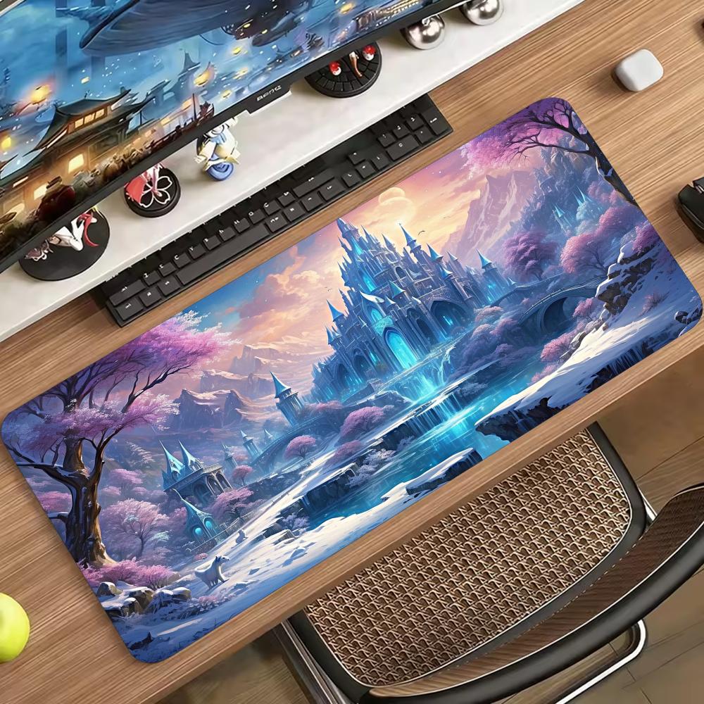 Fairy Tale Castle Night Moon Scenery Large Mouse Pad Nonslip Rubber With Stitched Edges For Gaming Setup And Desktop Decoration