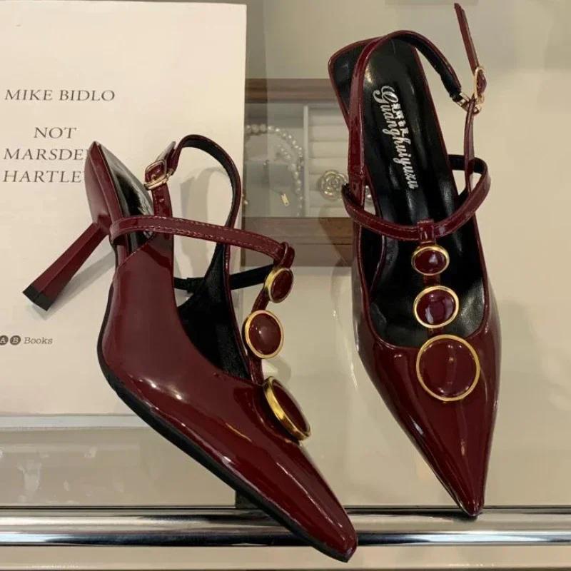 Fashion Sexy Thin High Heels Women Designer T-Strap Banquet Dress Shoe Button Hollow Pointed Toe Office Pumps Female Brand Sandals Women