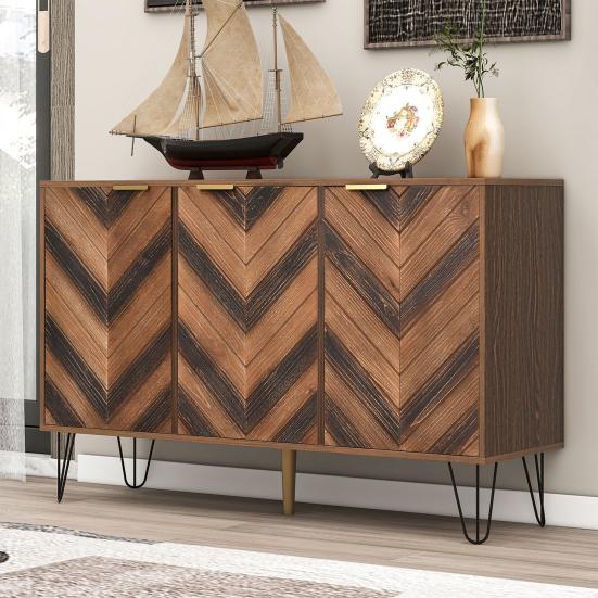 Sideboard, Exclusive Sideboard with Three Doors, Stylish Details, And Generous Storage Space. Door Made of Solid Wood Veneer, Concave And Convex Feel.