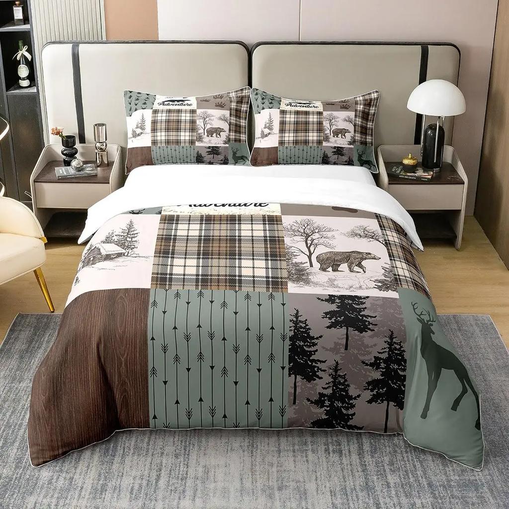 Black Bear Deer Bedding Set Woodland Animals Elk Moose Wildlife Hunting Country Lodge Cabin Duvet Cover Set Queen Comfortable