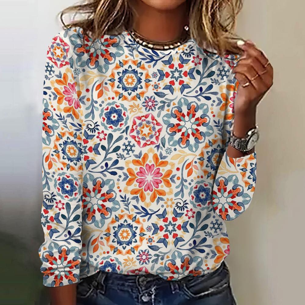 Retro flower 3D printed women's round neck long sleeved T-shirt
