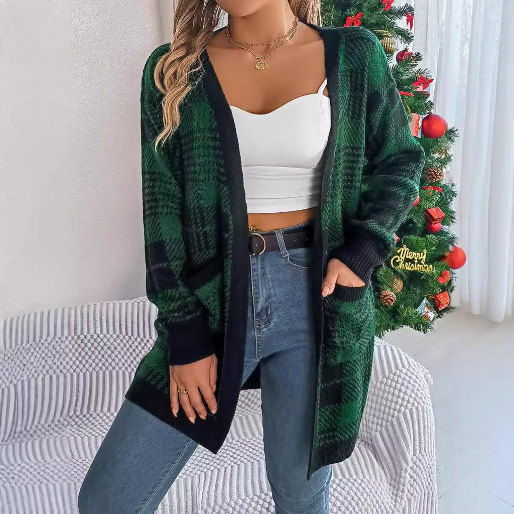 QICED Autumn and Winter Casual Color-blocking Checkered Pocket Long-sleeved Cardigan Sweater Jacket for Christmas Women's Wear