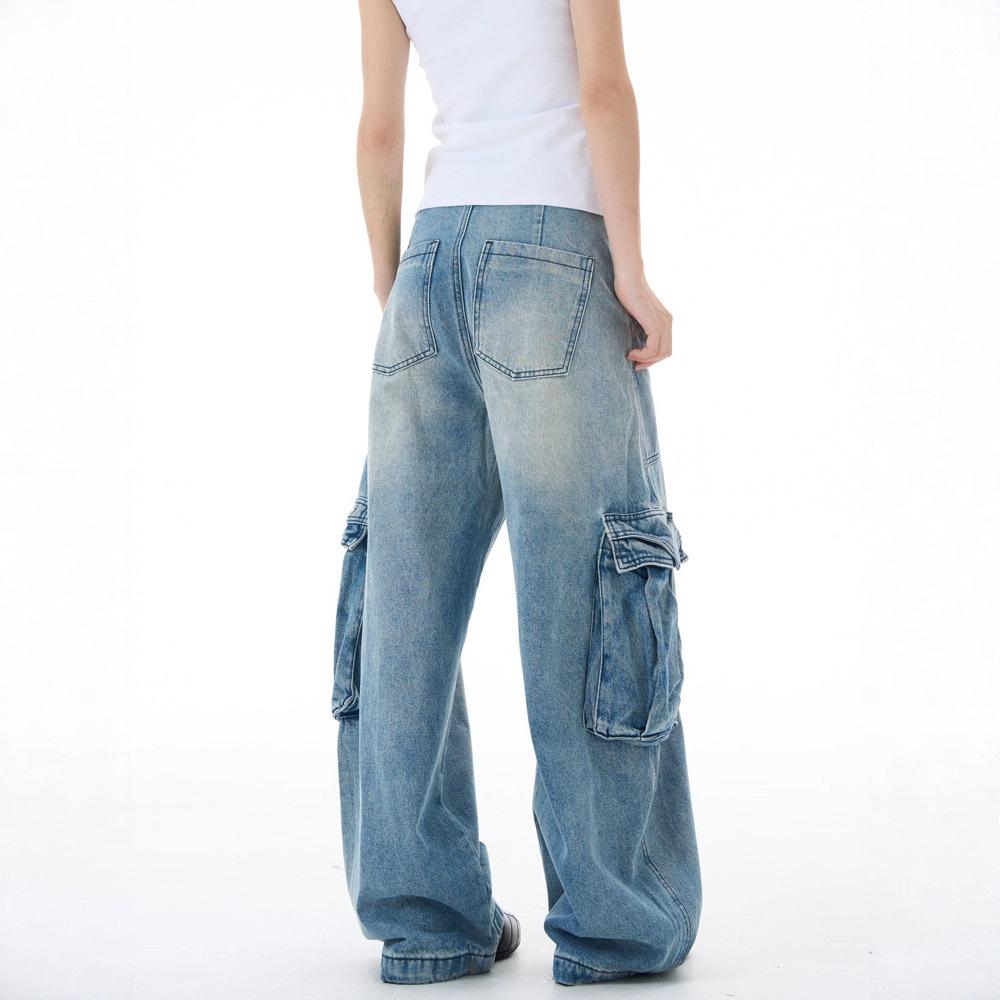 American retro light-color scimitar tooling jeans men's and women's loose, lazy and relaxed casual couple pants