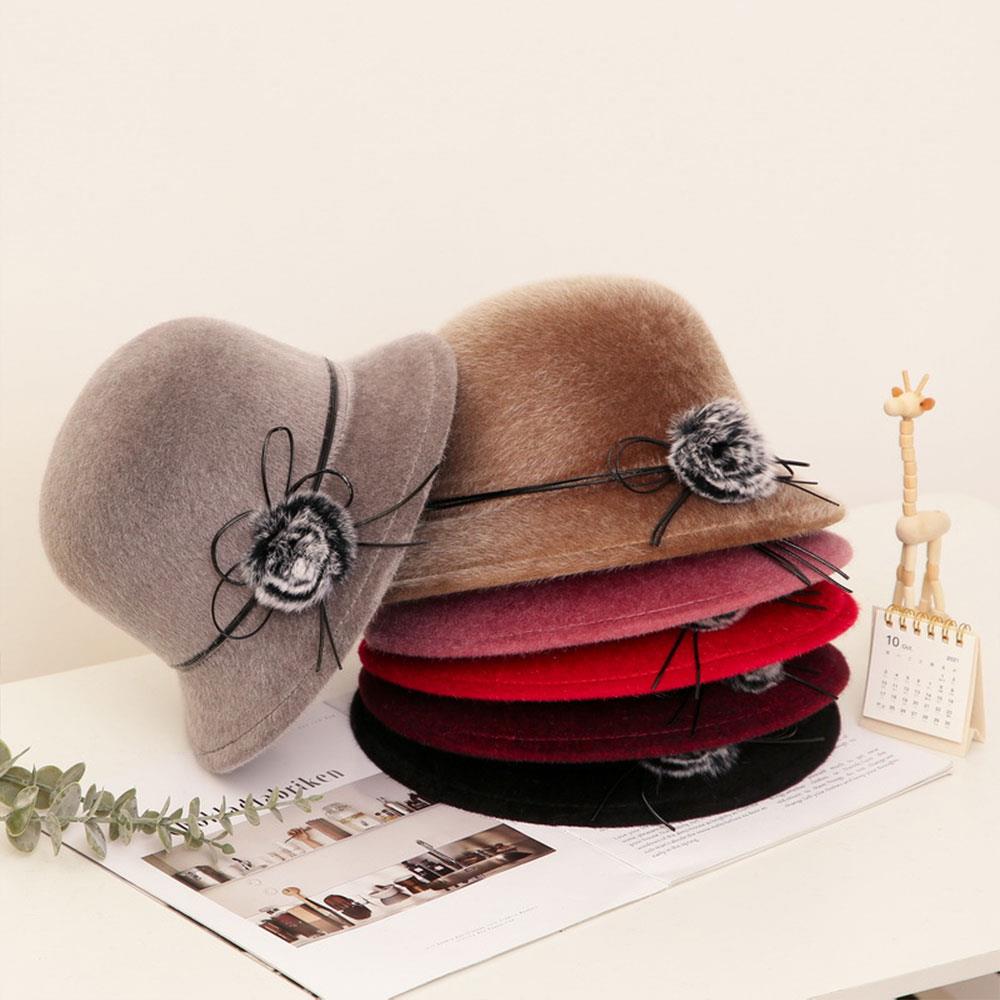 Elegant Women Fedora Hat Vintage Pompom Bowknot Flat Top Felt Hat Winter Autumn Imitation Woolen Bowler Cap Panama Church Hat