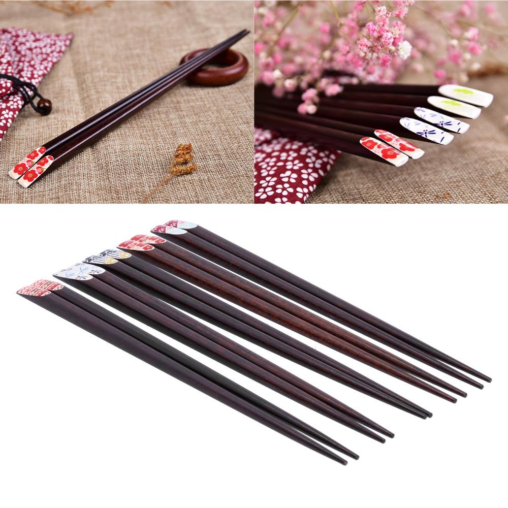 1Set Wood Printed Chopsticks Exquisite Printed Pattern Practical Tableware Smooth Polished Slim Decorative Wood Family Dining