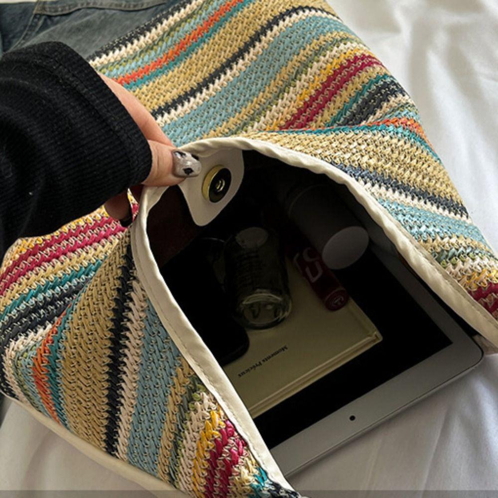 Bohemian Style Weave Straw Bag Large Capacity Hollow Tote Bag Simple Rainbow Beach Bag  Vacation