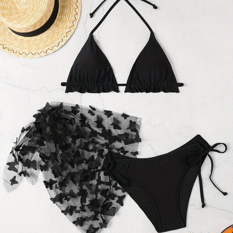 Women's Lavender Butterfly 3 Piece Bikini Set - Halter Ruffle Swimsuit with Beach Skirt