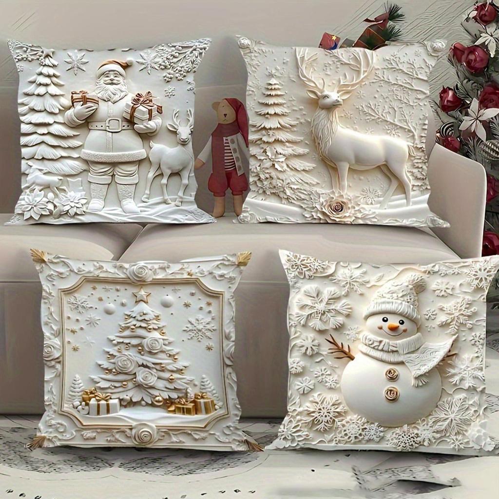 Pillow Covers 18x18 Inch Embossed Pillowcase Decorations Winter 4 Piece Christmas Couch Pillow Covers For Holiday Farmhouse
