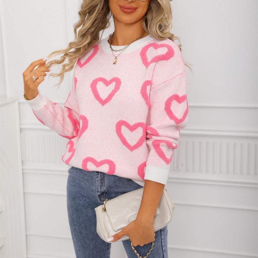 Ladies' Fashionable Heart-shaped Sweater, Loose And Versatile Valentine's Day Knitted Pullover Sweater
