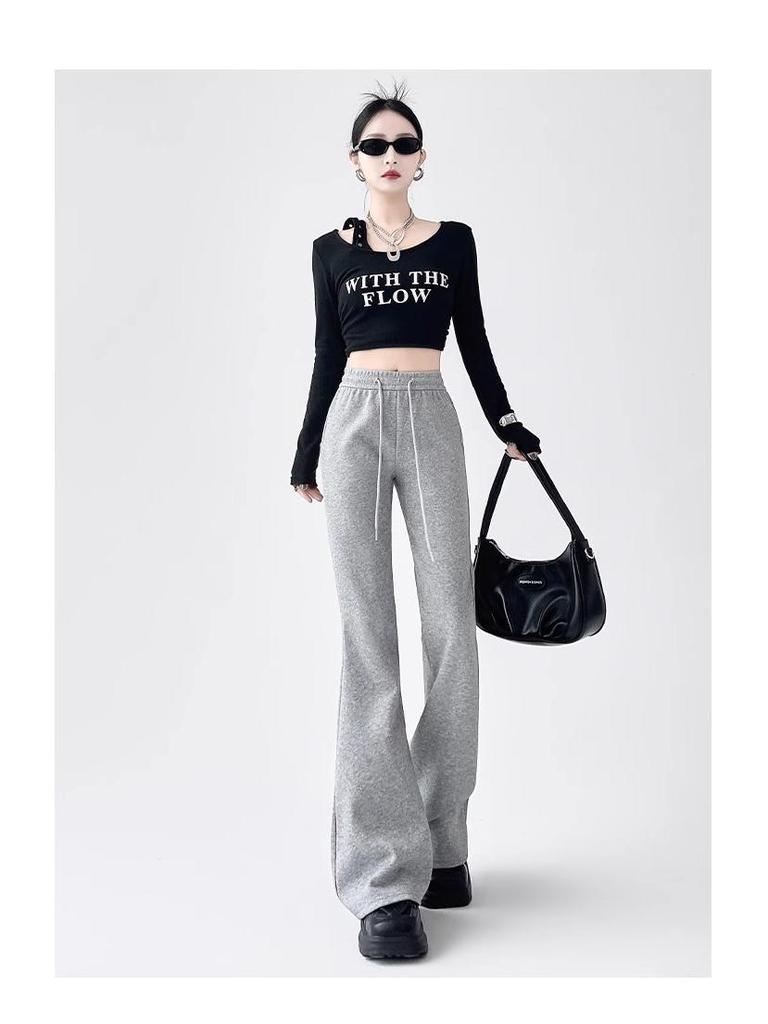 2024 Women's American Retro Petite Slimming Sports Pants, Spring/Autumn, Micro Flare with Drawstring