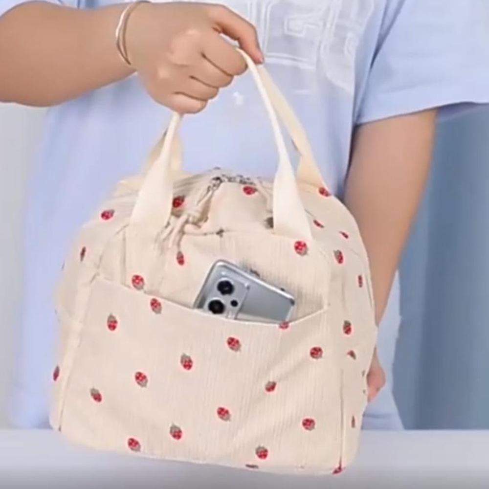 Corduroy Large-Capacity Insulated Lunch Bag for Women - Portable, Heat-Preserving Bento Tote