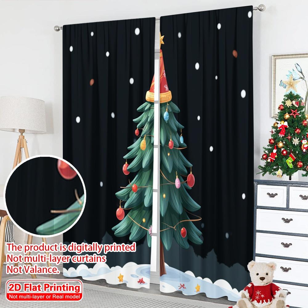 2pcs 2D flat printing Merry Christmas Curtain Retro Christmas Tree Festive Holiday Fabric Without Electricity Family Party Use