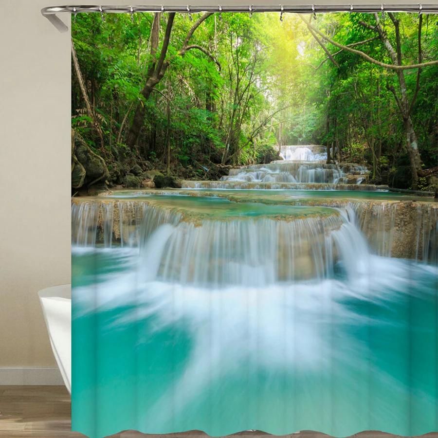 Modern 3D Printing Forest Shower Curtain Green Plant Tree Landscape Bath Curtain With Hooks For Bathroom Waterproof Scenery
