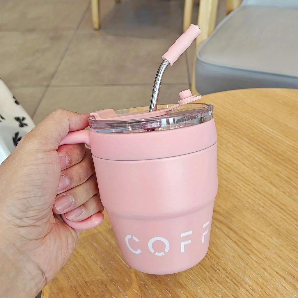 480MLCoffee Cup with Straw Lid Stainless Steel Thermos Mug for Cold Drinks Water Tea Milk Office Outdoor Portable Bottle