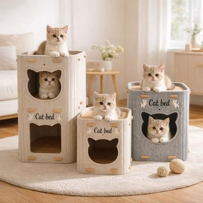 Creativity Double Layer Cat House Foldable Felt Cat Castle Bed Wear-resistant Breathable Cat Scratching Board Cat Supplies