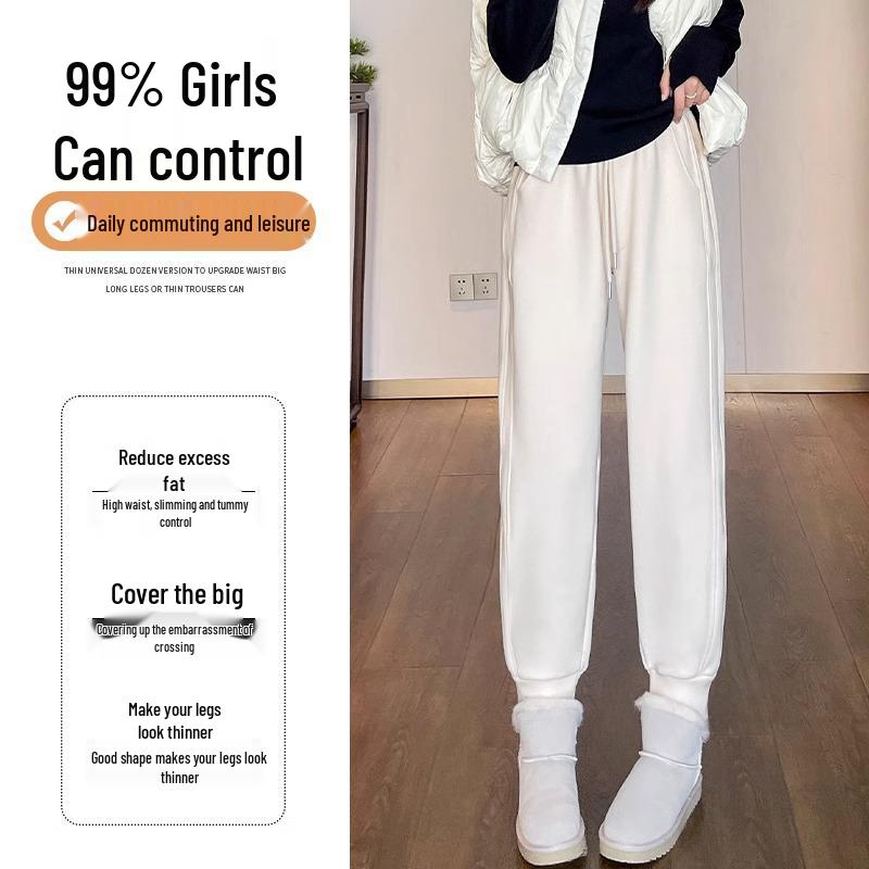 Women's Dark Blue Fleece-Lined Windproof Harem Sweatpants - Loose, Cuffed, Thick, and Warm for Autumn and Winter