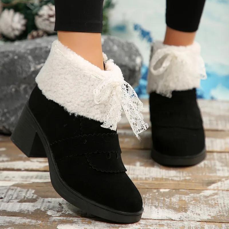 Fashion Winter Women Fur Snow Ankle Boots Suede High Heels Shoes Designer 2025 New Short Plush Warm Shoes Chelsea Goth Pumps Botas Mujer