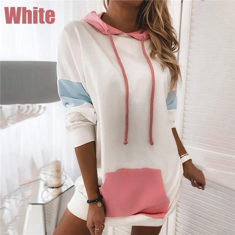 Nueva Moda de Invierno para Mujer Cálido Suelto Vestido Jersey Manga Larga Vestido con Capucha Bloque de Color Mini Vestido Talla Grande
