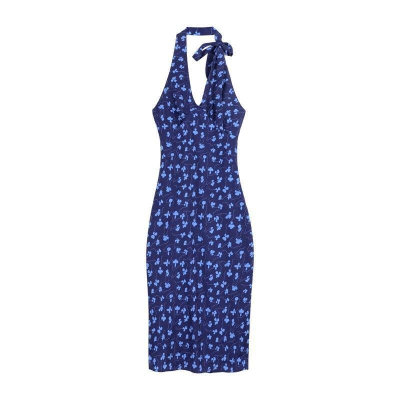 French blue v-neck neck dress women s summer vacation style waist halter hip skirt slim floral suspender skirt S