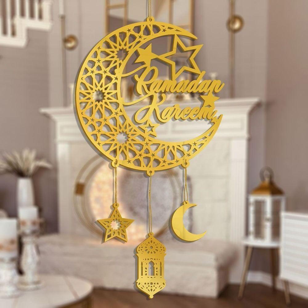 Acrylic Eid Mubarak Wall Pendant Mirror Hanging Decoration Ramadan Kareem Door Sign Golden Moon Star Drop Ornaments