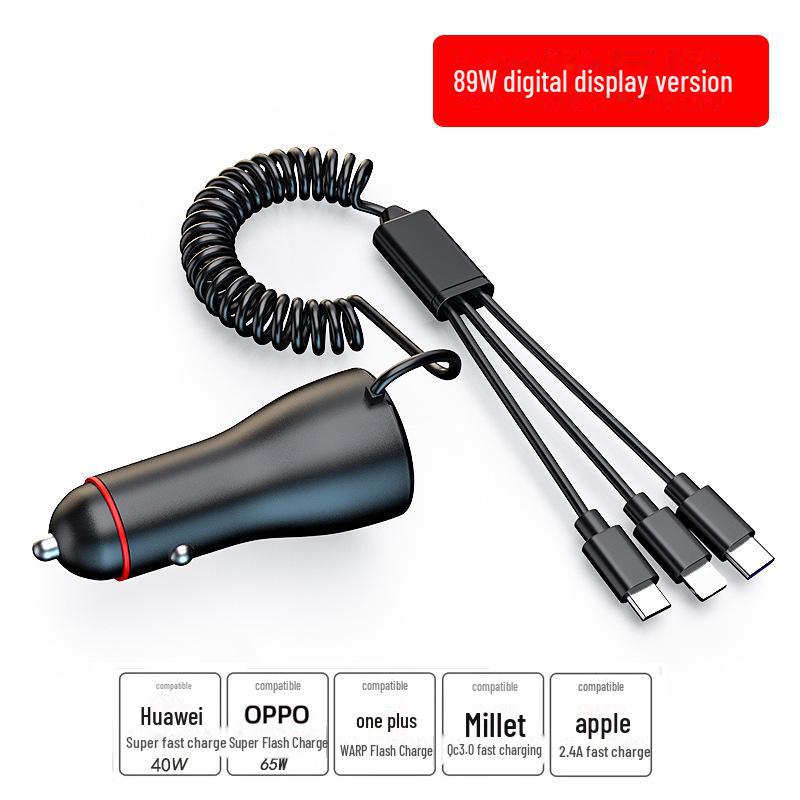 65W Dual USB Car Charger with QC3.0 Fast Charging, Multi-Function Digital Display, and One-to-Three Splitter