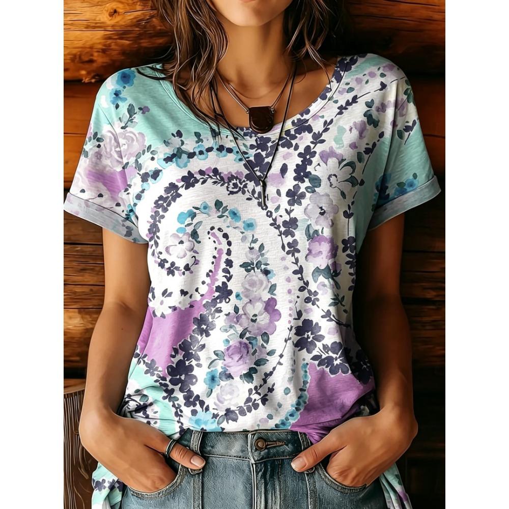 Women's Multicolor Floral Paisley Round Neck T-Shirt, Short Sleeve Casual Tops, Boho Daily Wear for Spring Summer