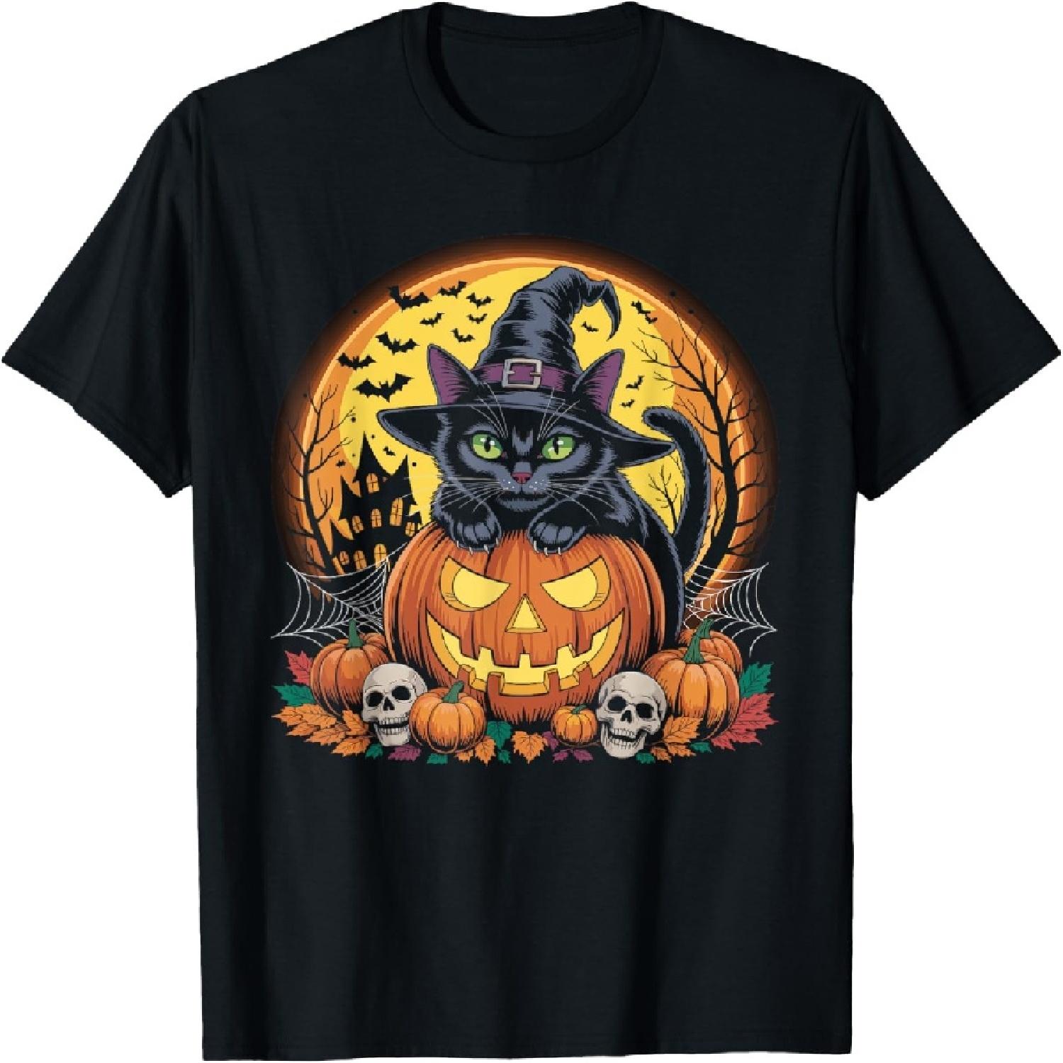 Cute Retro Cat with Pumpkins Funny Halloween Costume Design T-Shirt(2) S