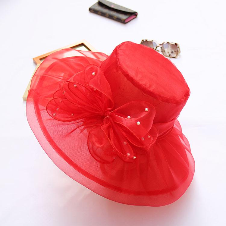 New Retro Wedding Hat Pearl Mesh Flower Top Hat Double Organza Sunshade Big Eaves Hat Sun Hat Women