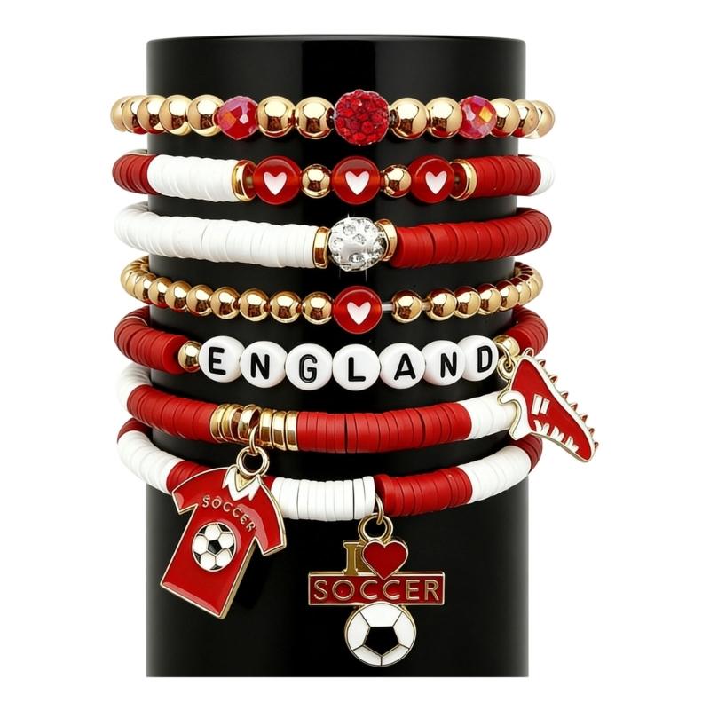 2026 Football Bracelet Set For Soccer Fan With Team Color And Football Charm Elastic Wristband