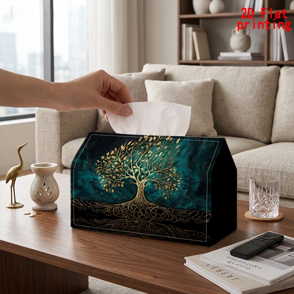 2D Flat 1pc, Tissue Box. Golden Tree of Life Pattern Napkin Dispenser, Reusable, Daily Desktop Tissue Organizer, Suitable for Kitchen Living Room Bedr